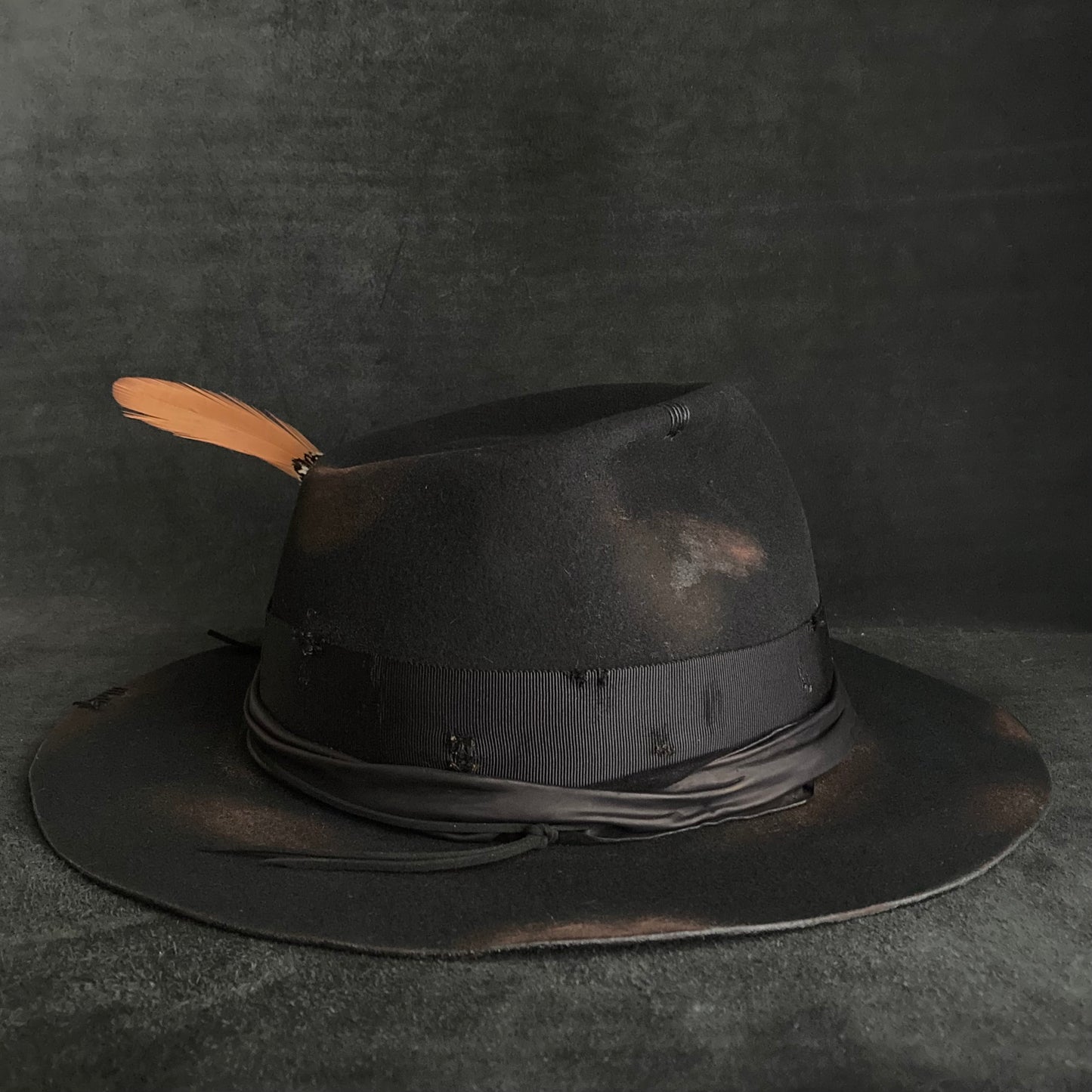 Burned black hand feel fedora hat