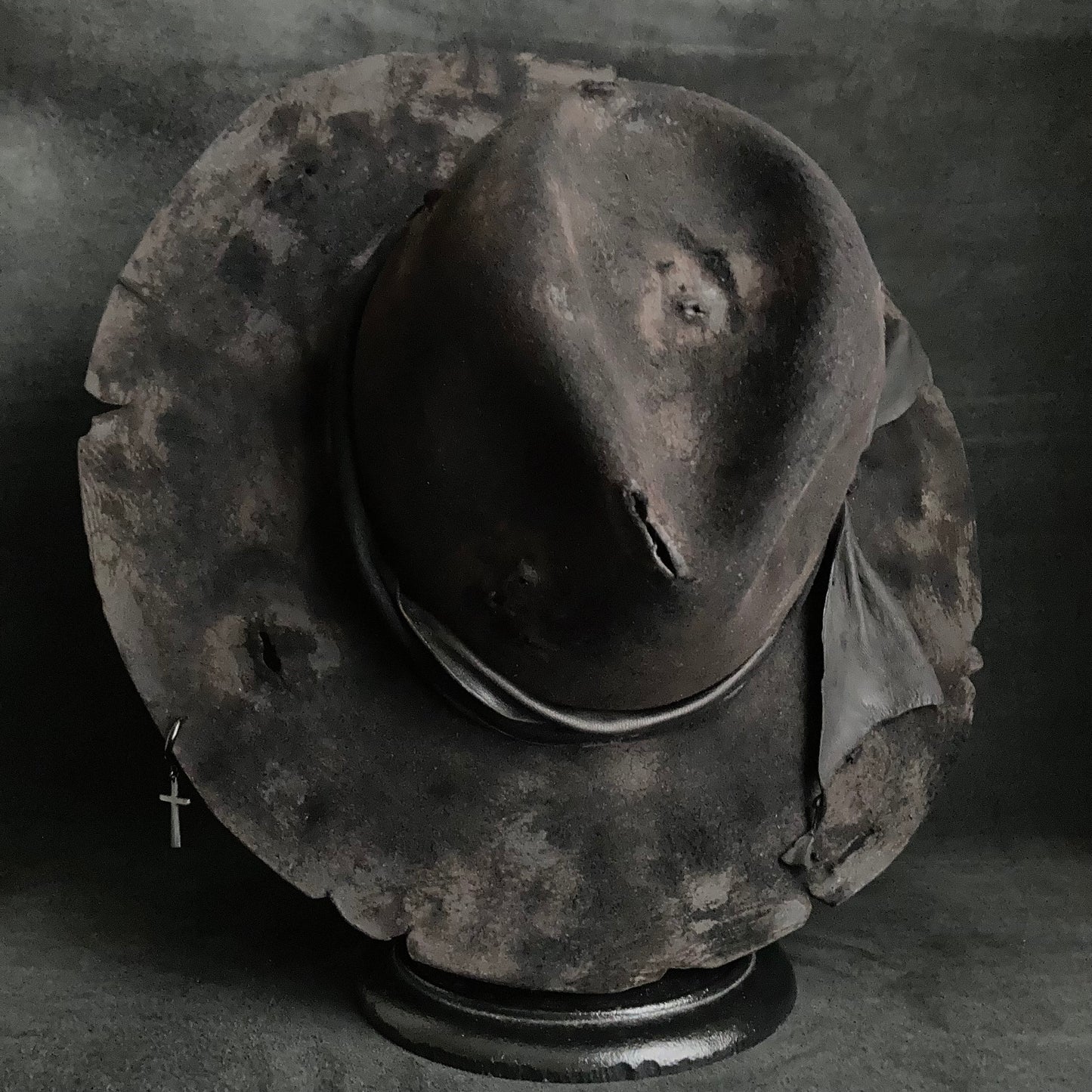 Burned black rabbit fedora hat with cross