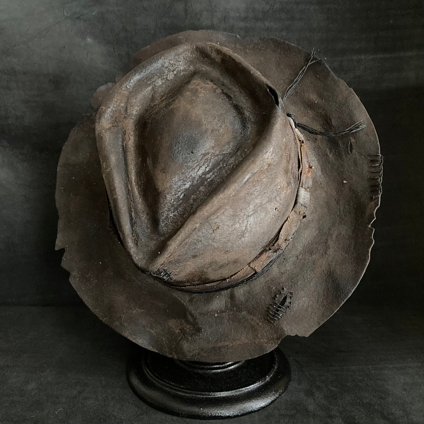 Burnt distressed dark brown fedora hat