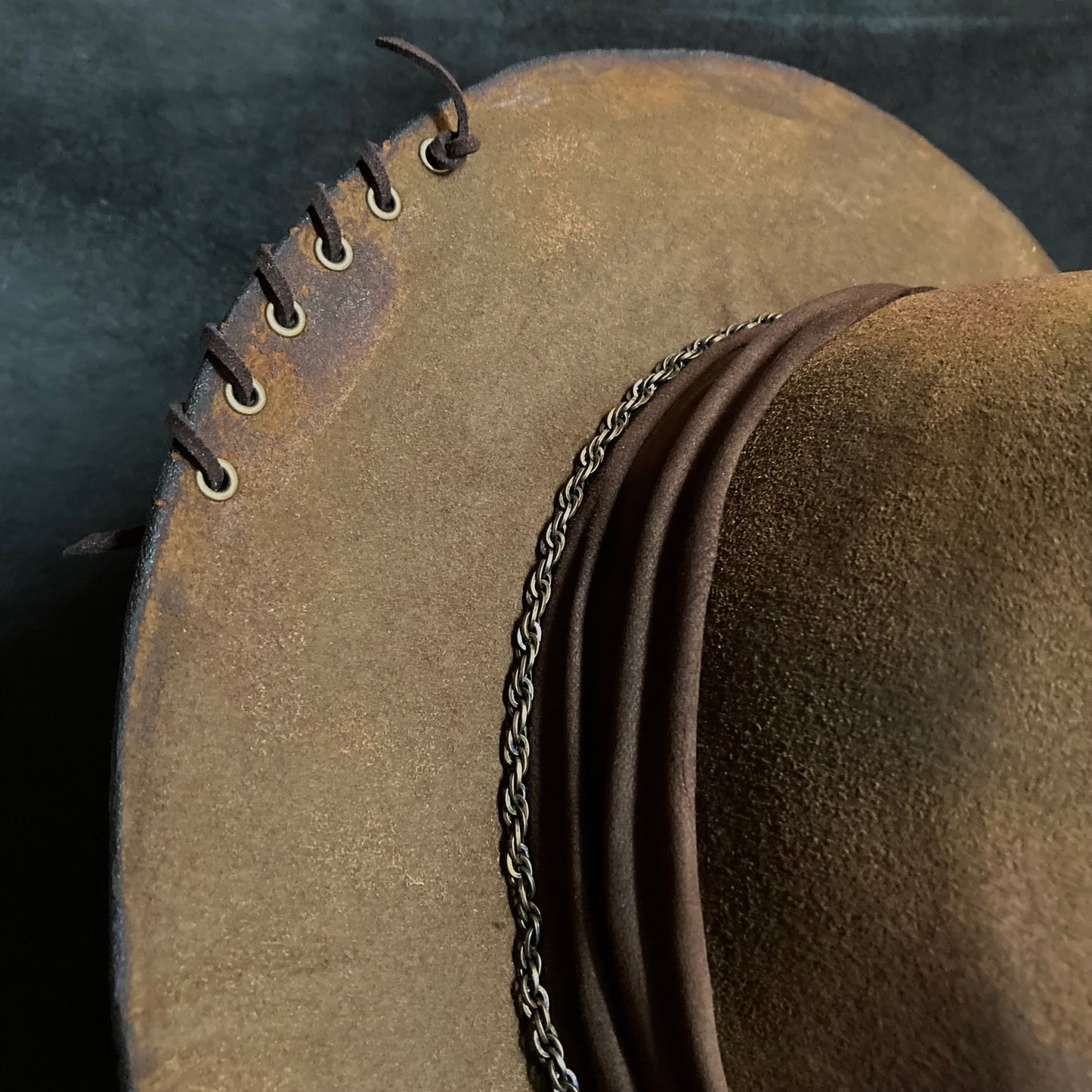 Burned dark khaki old western hat