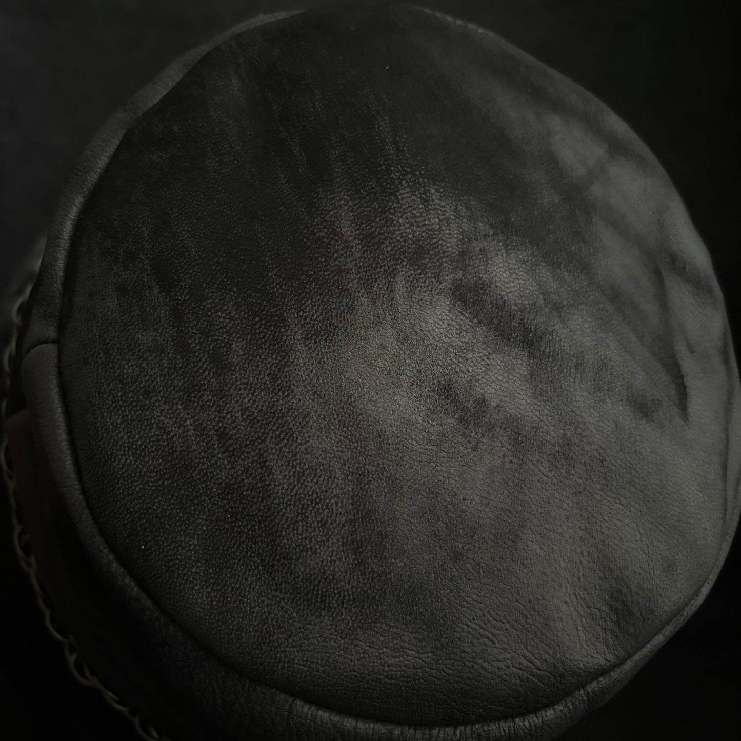 Scraped black leather chain bucket hat