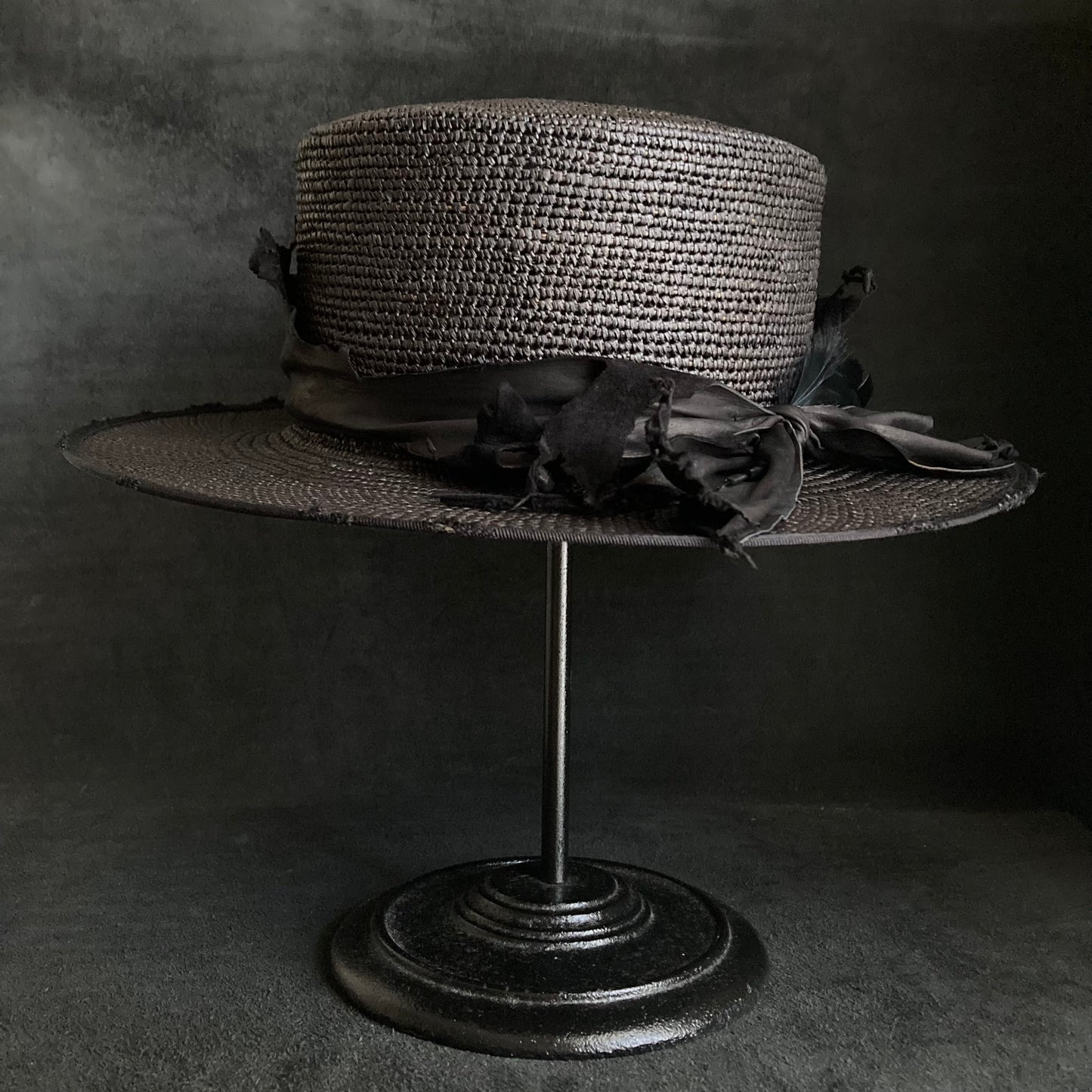 Crow leather flat panama hat