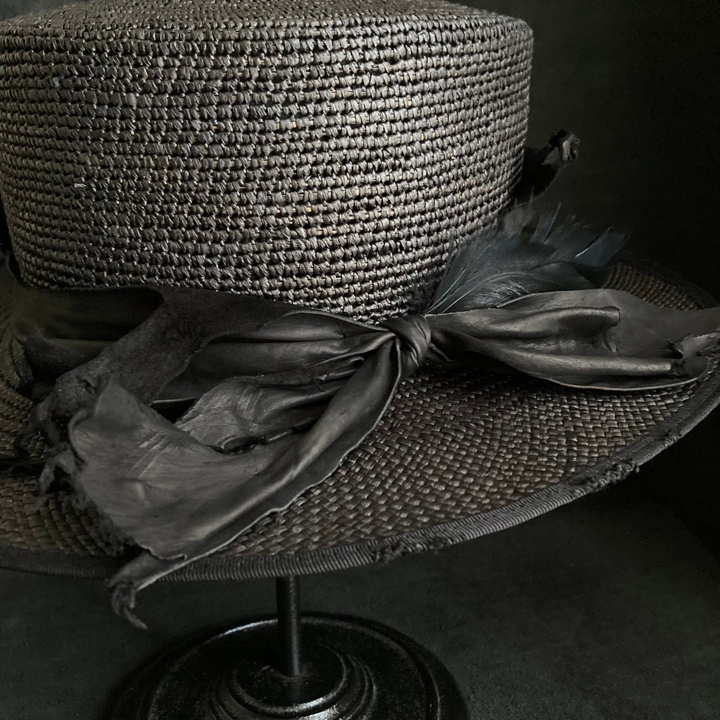 Crow leather flat panama hat