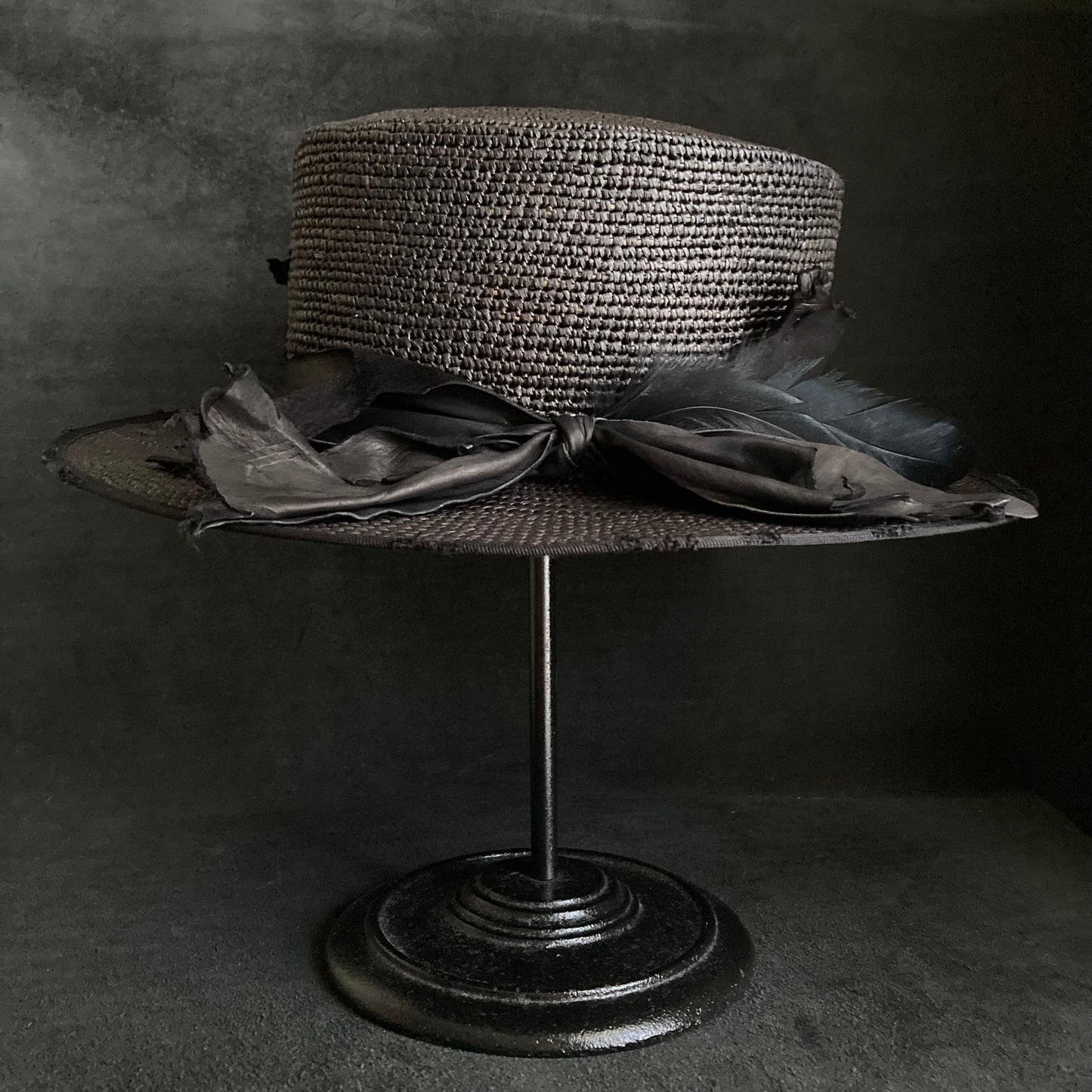 Crow leather flat panama hat