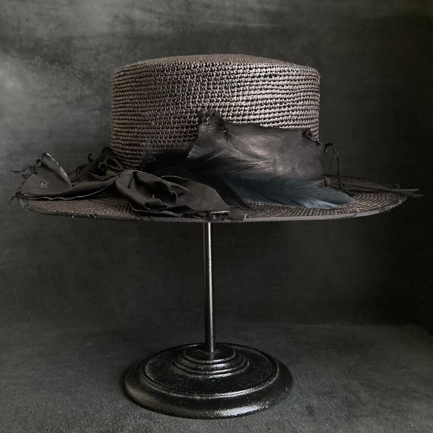 Crow leather flat panama hat