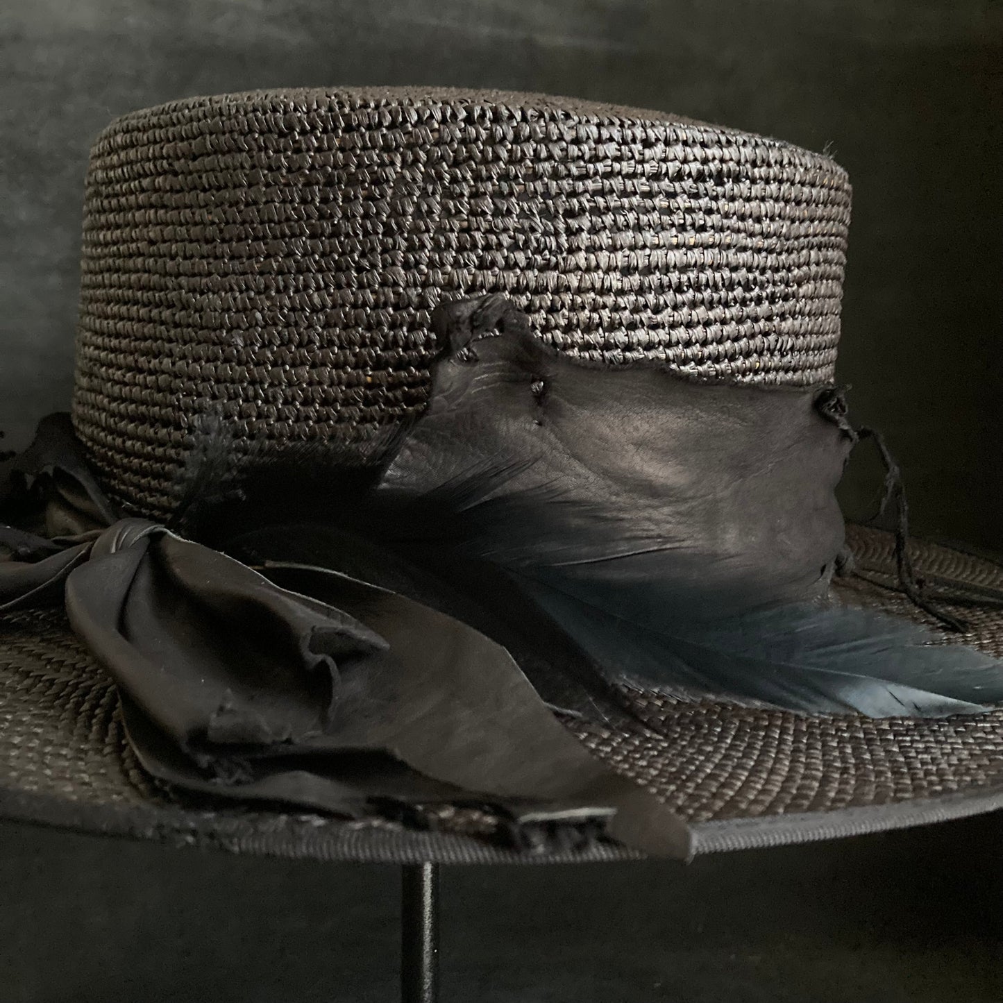 Crow leather flat panama hat