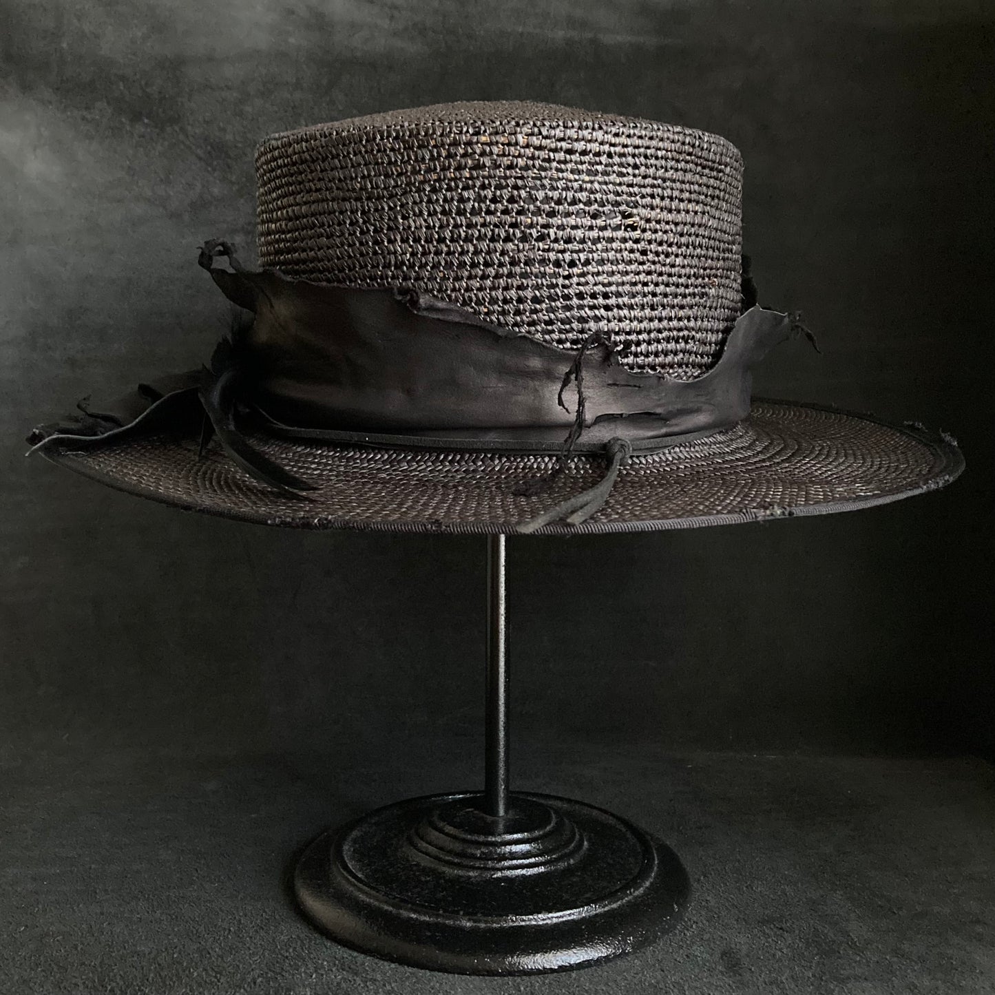 Crow leather flat panama hat