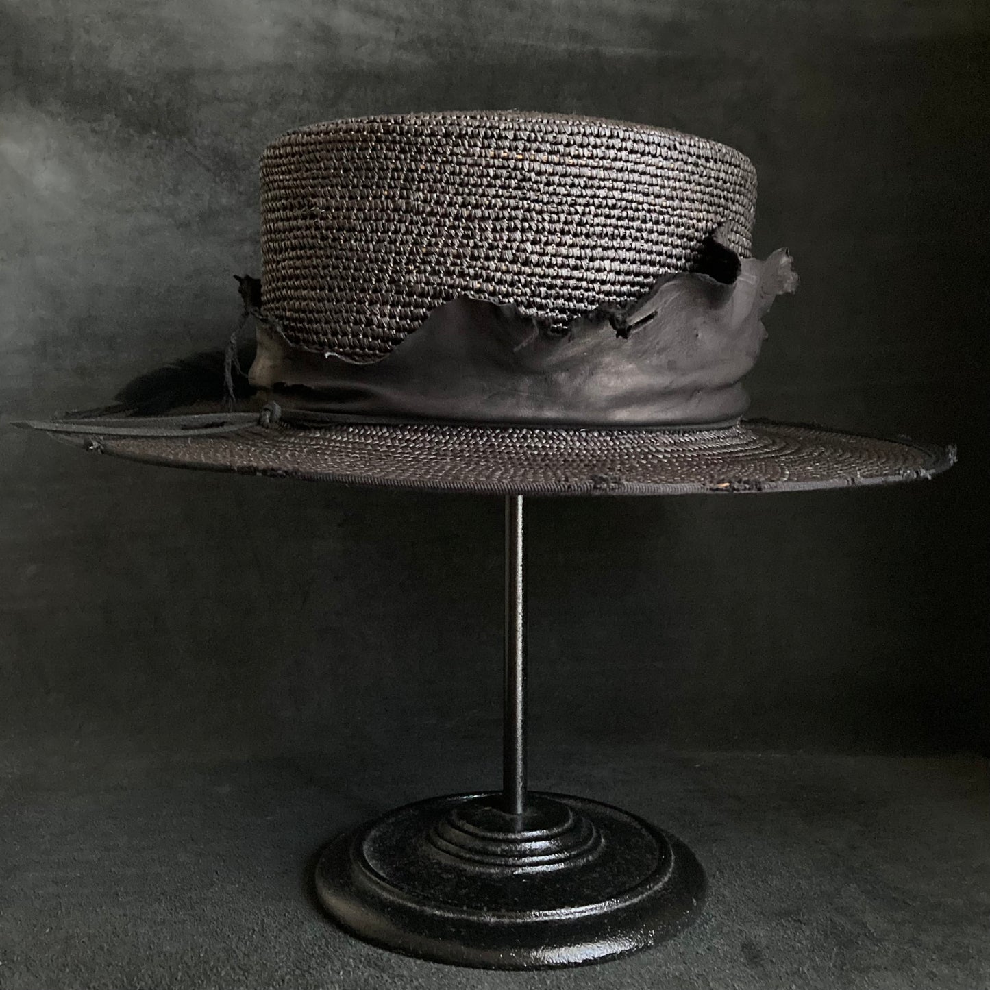 Crow leather flat panama hat