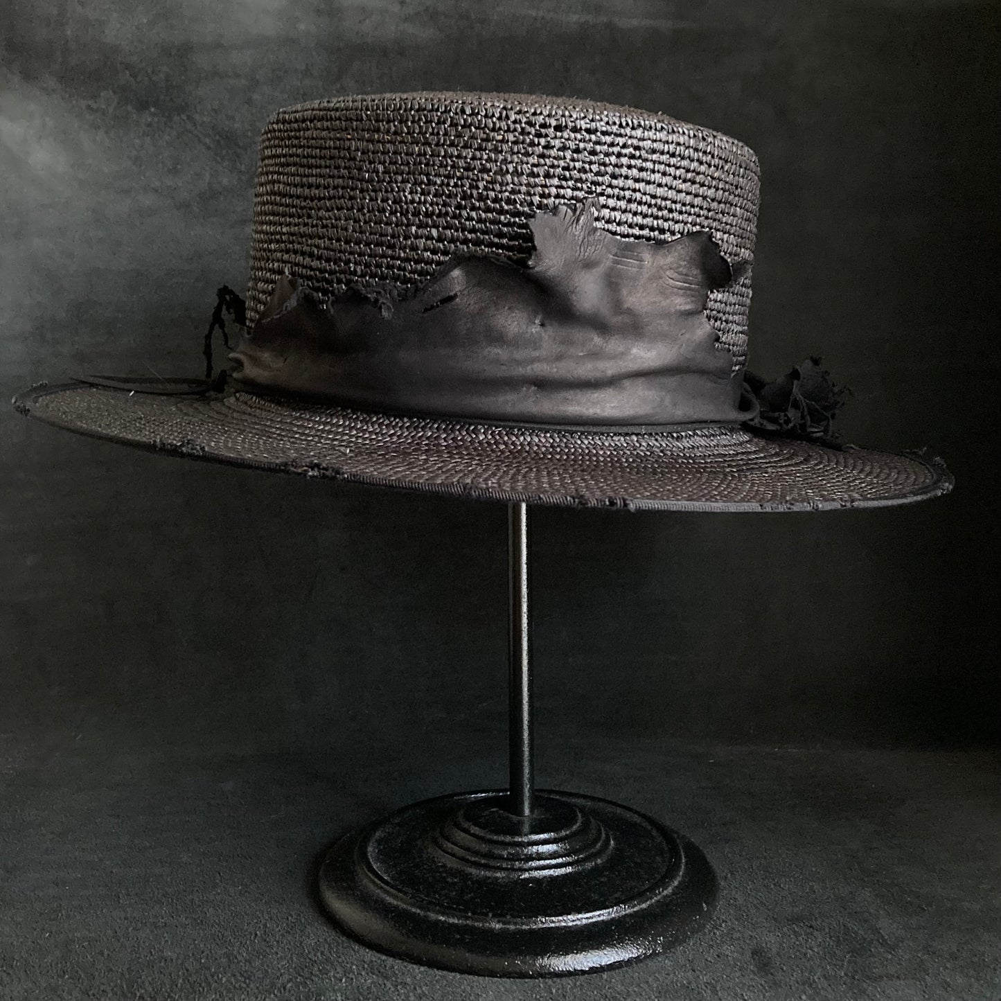 Crow leather flat panama hat