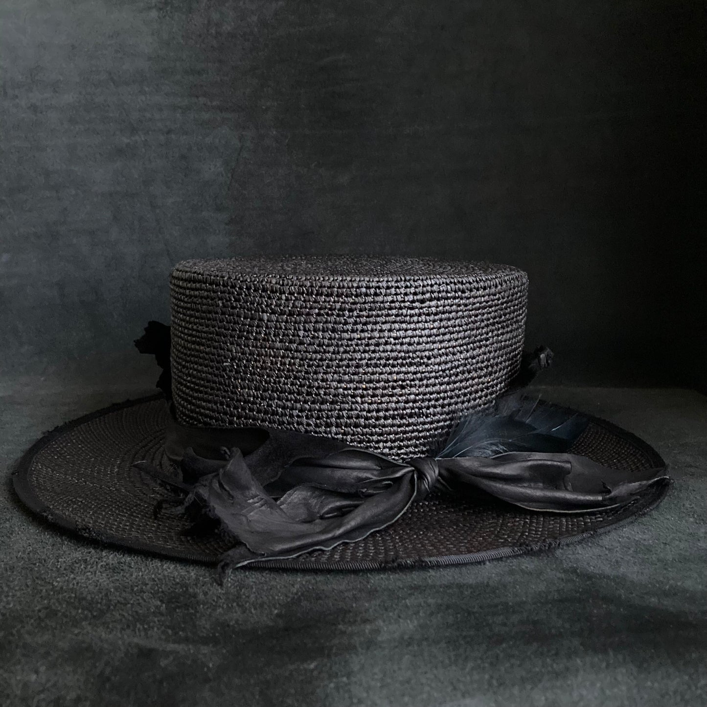 Crow leather flat panama hat
