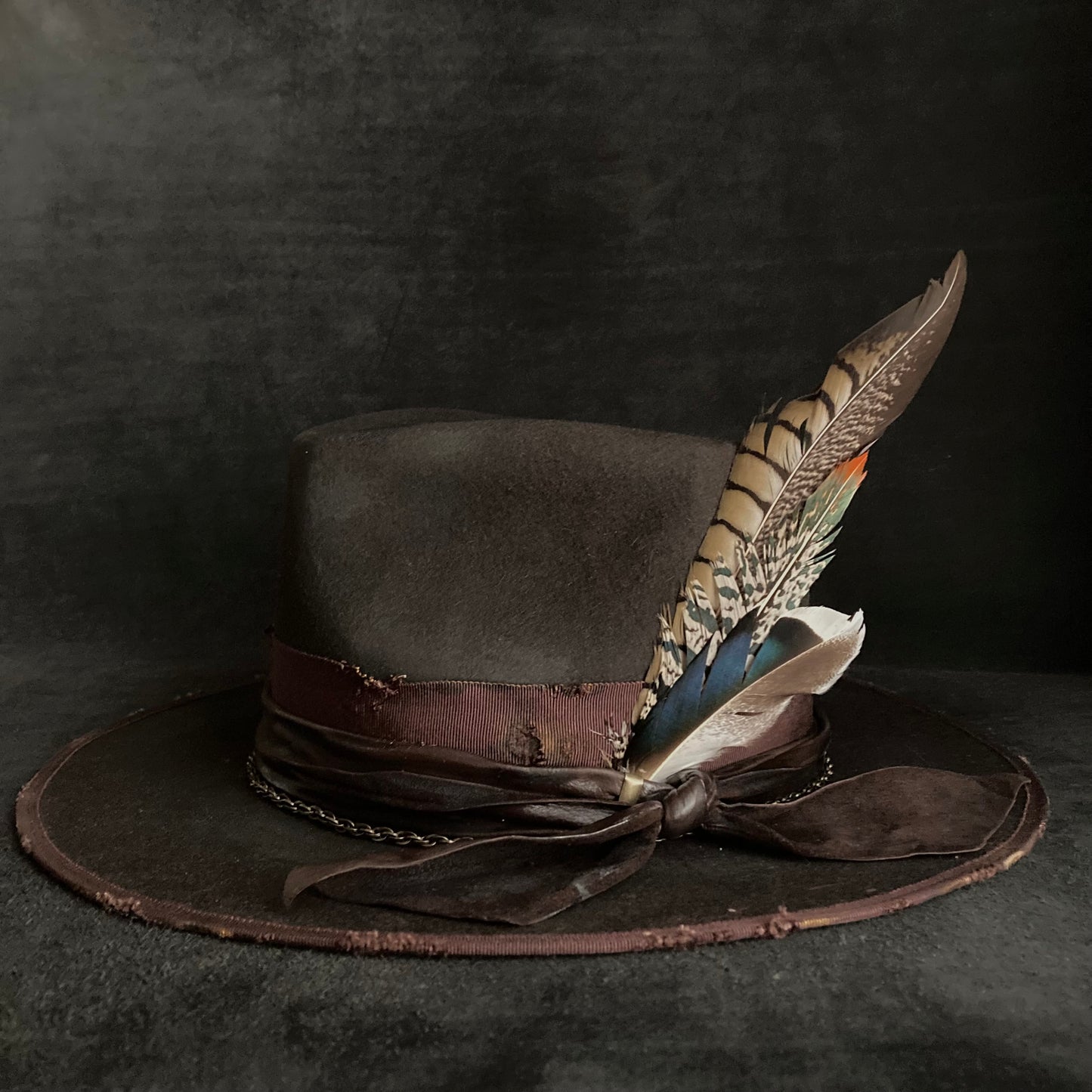 Dark brown flies away burned fedora hat