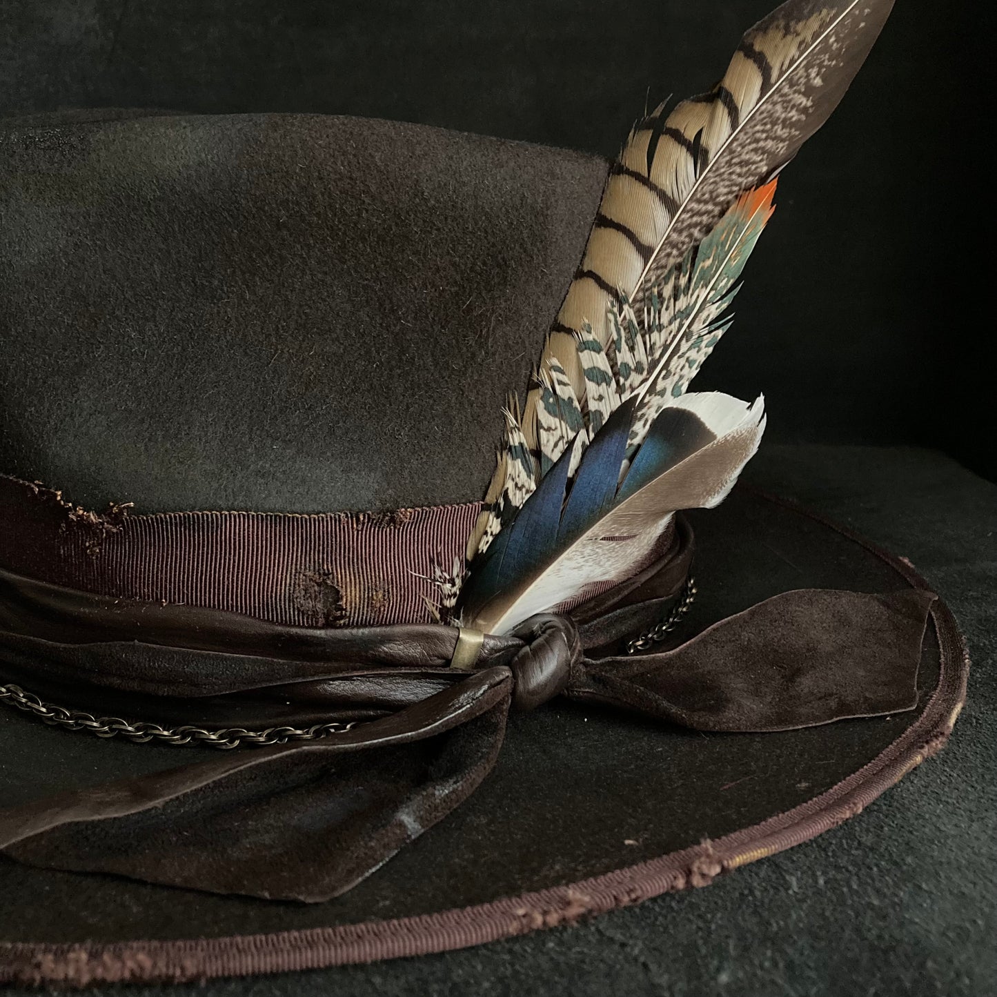 Dark brown flies away burned fedora hat