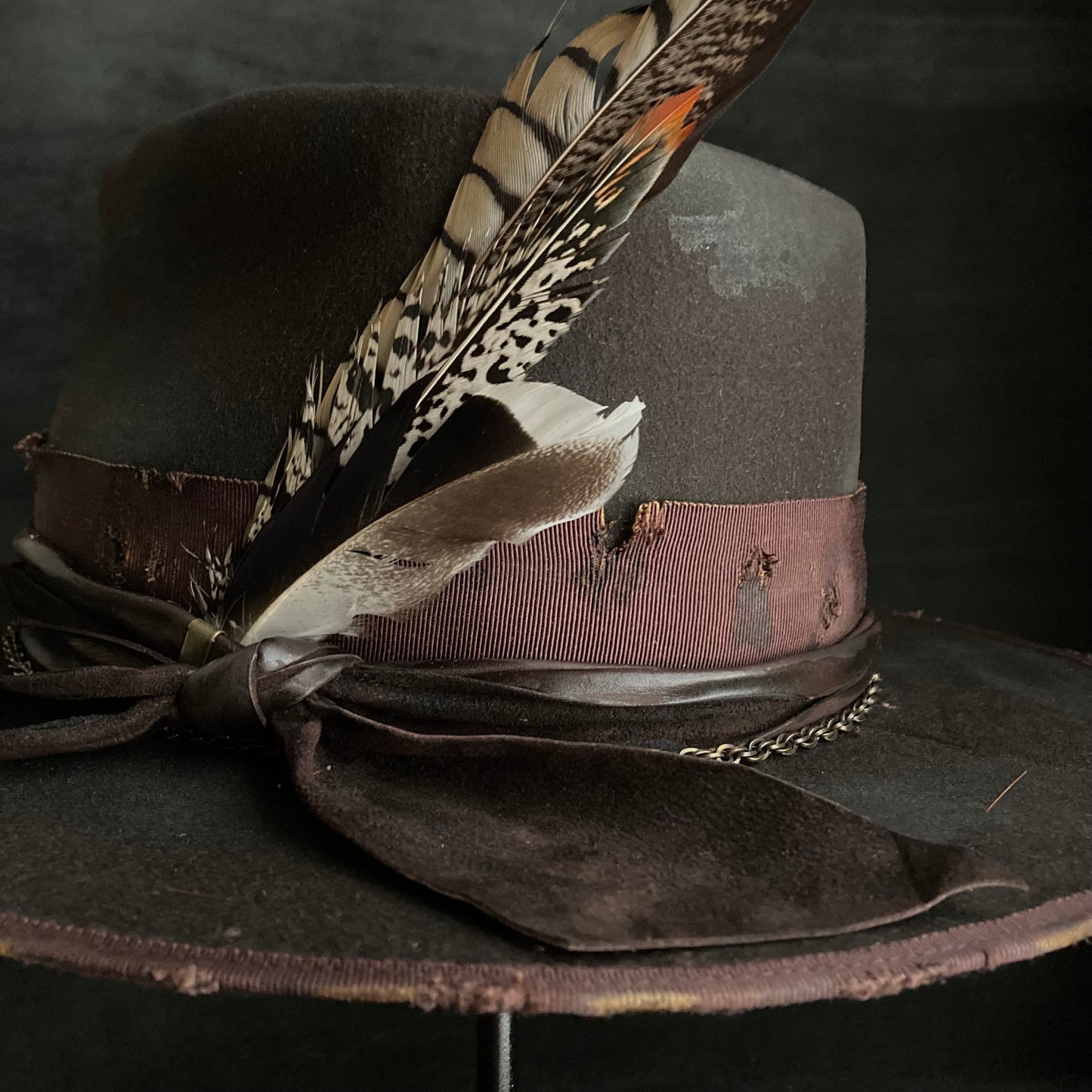 Dark brown flies away burned fedora hat