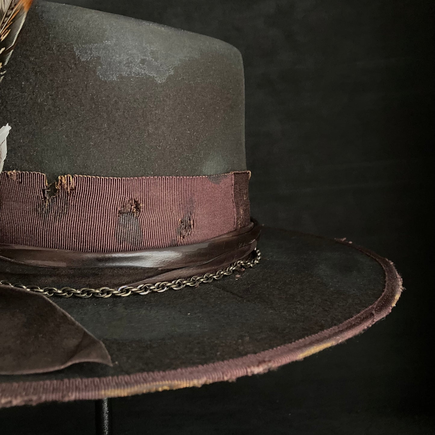 Dark brown flies away burned fedora hat