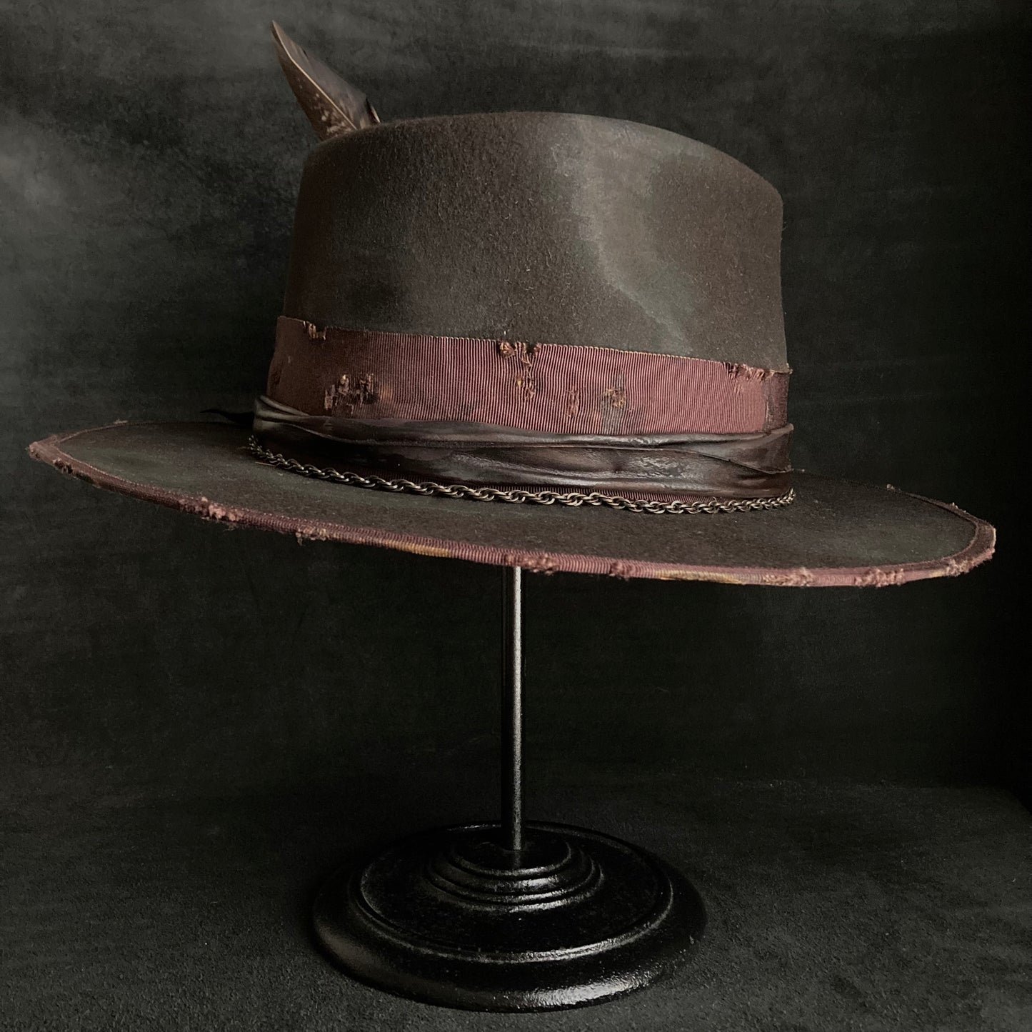 Dark brown flies away burned fedora hat