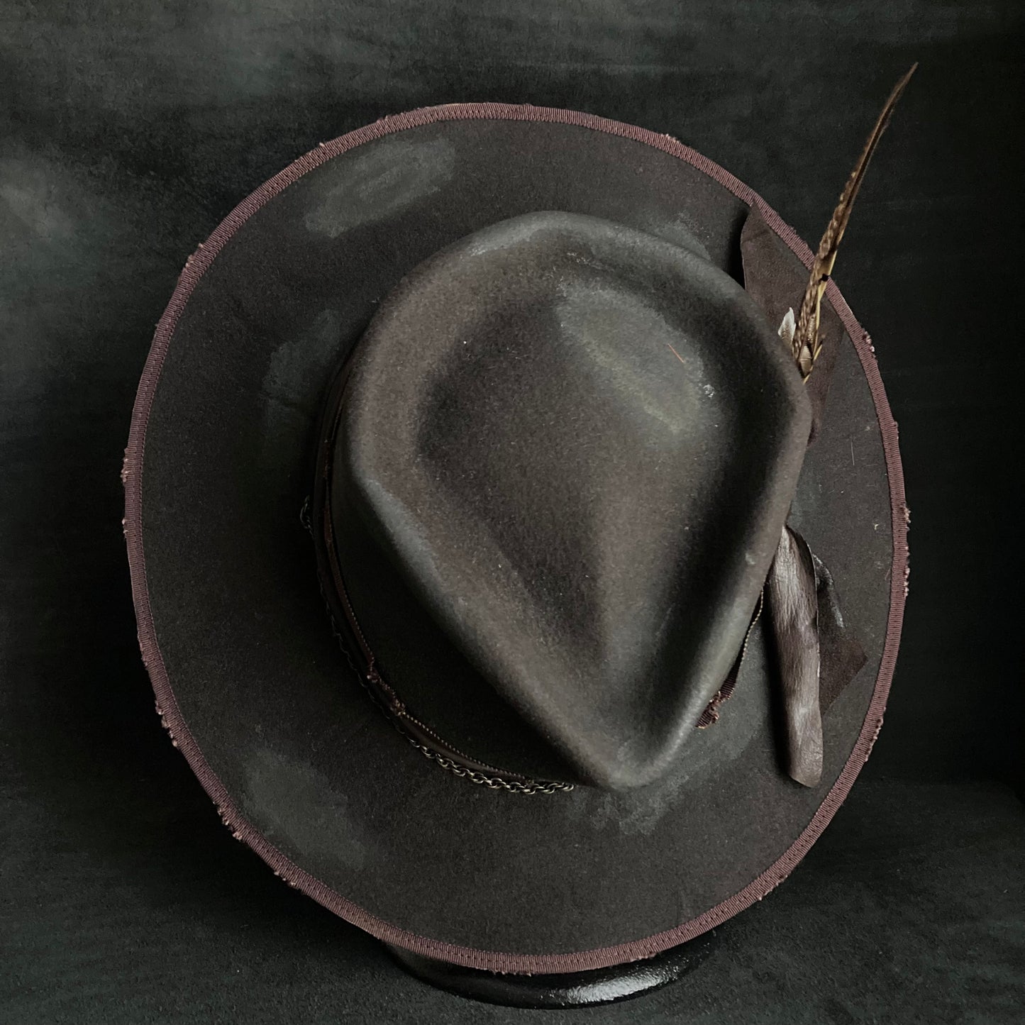 Dark brown flies away burned fedora hat