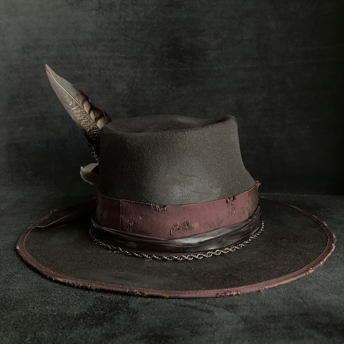 Dark brown flies away burned fedora hat