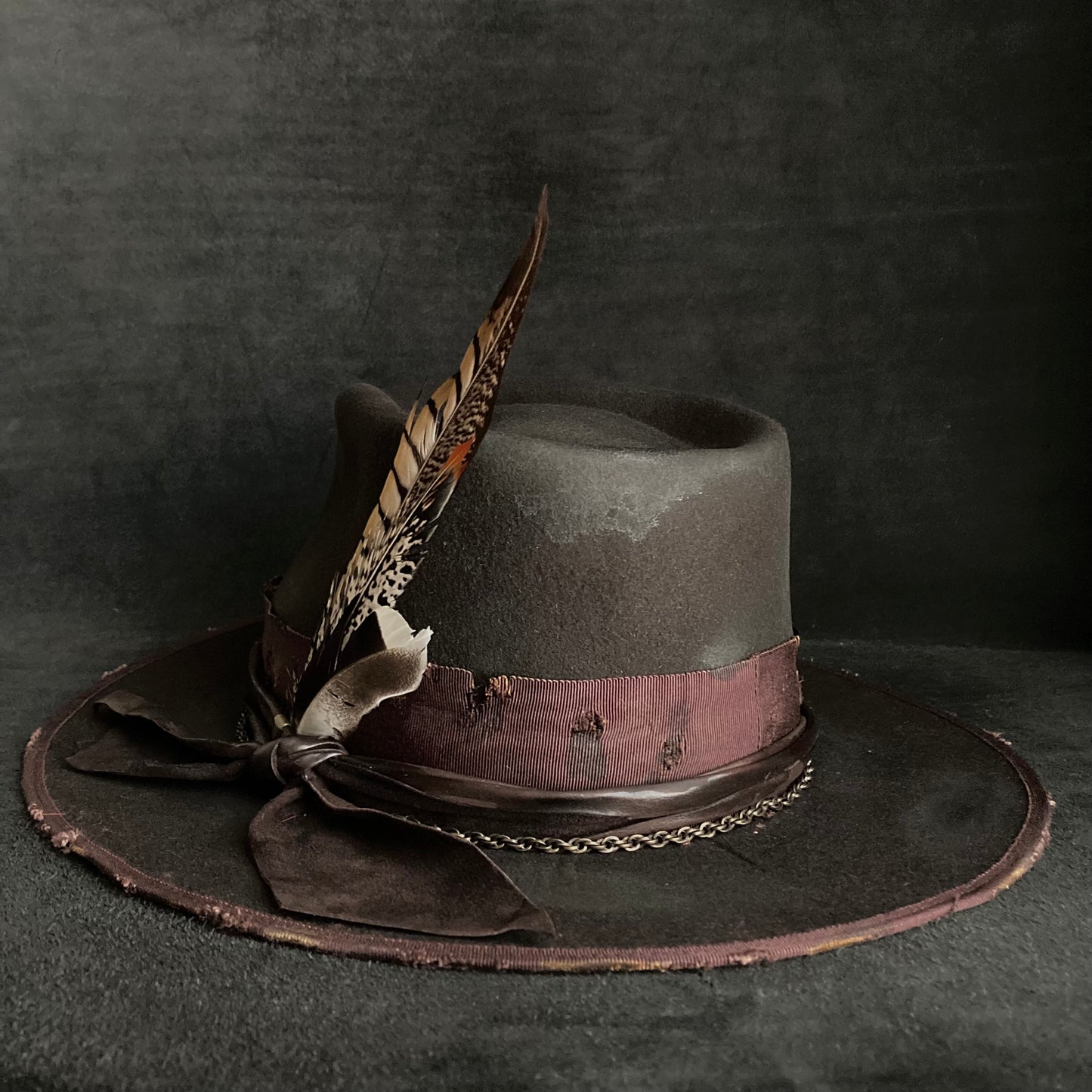 Dark brown flies away burned fedora hat