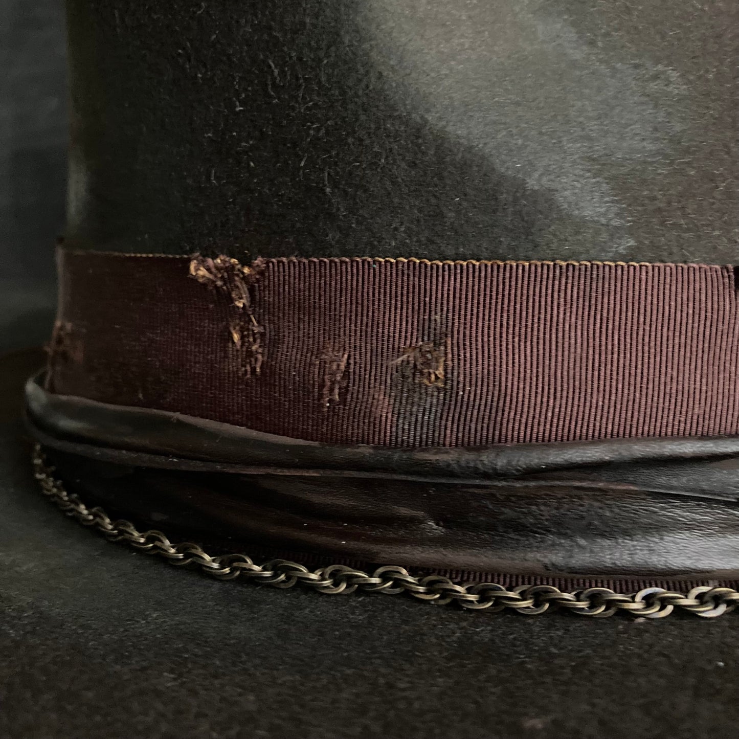 Dark brown flies away burned fedora hat