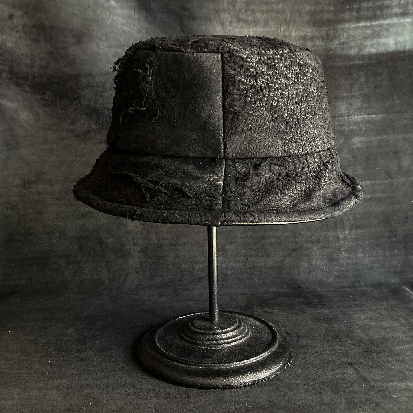 Weed black leather  bucket hat