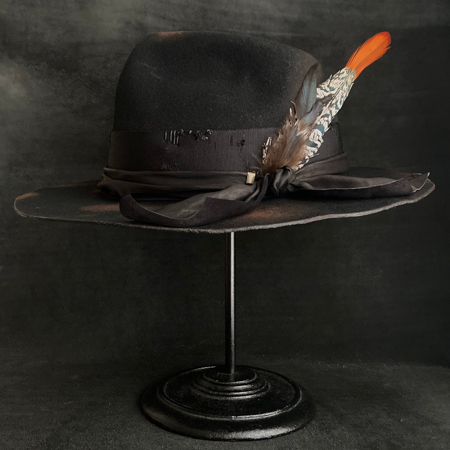 Burned black hand feel fedora hat