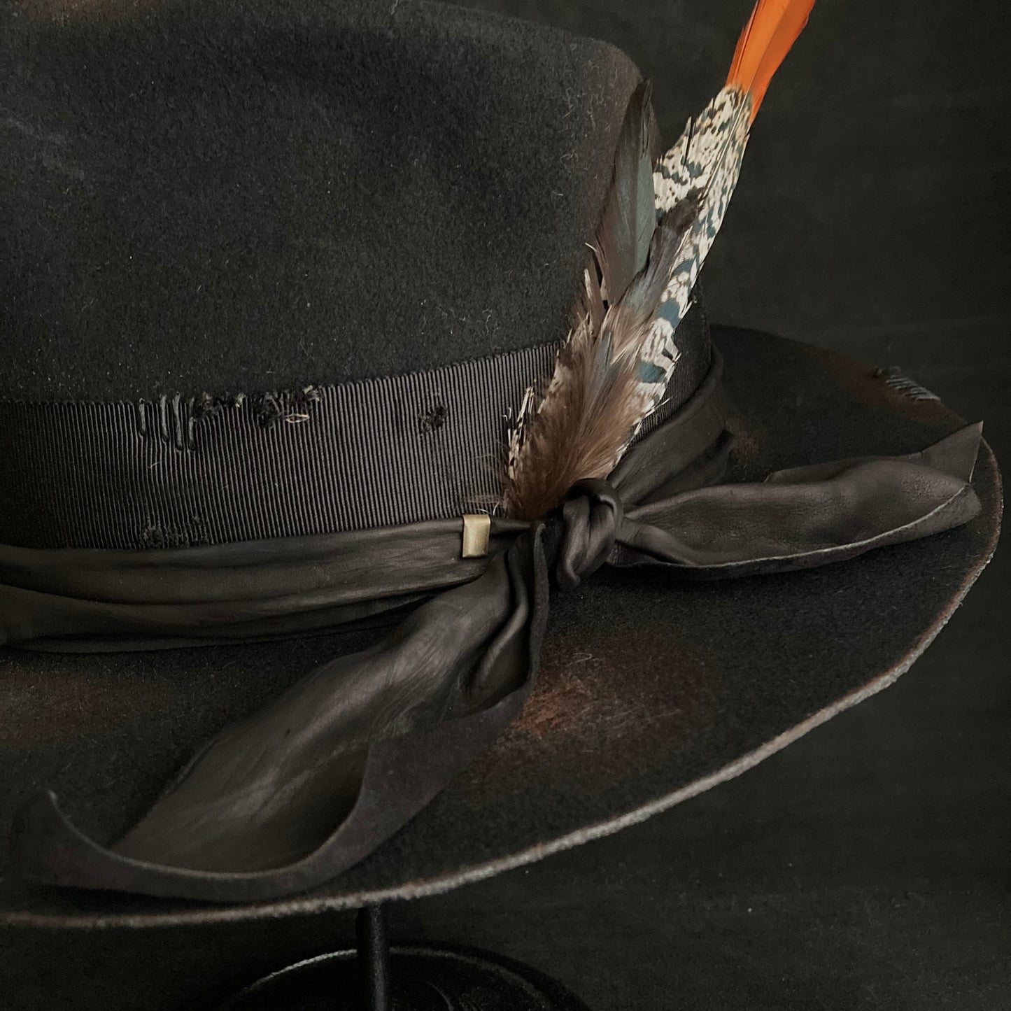 Burned black hand feel fedora hat