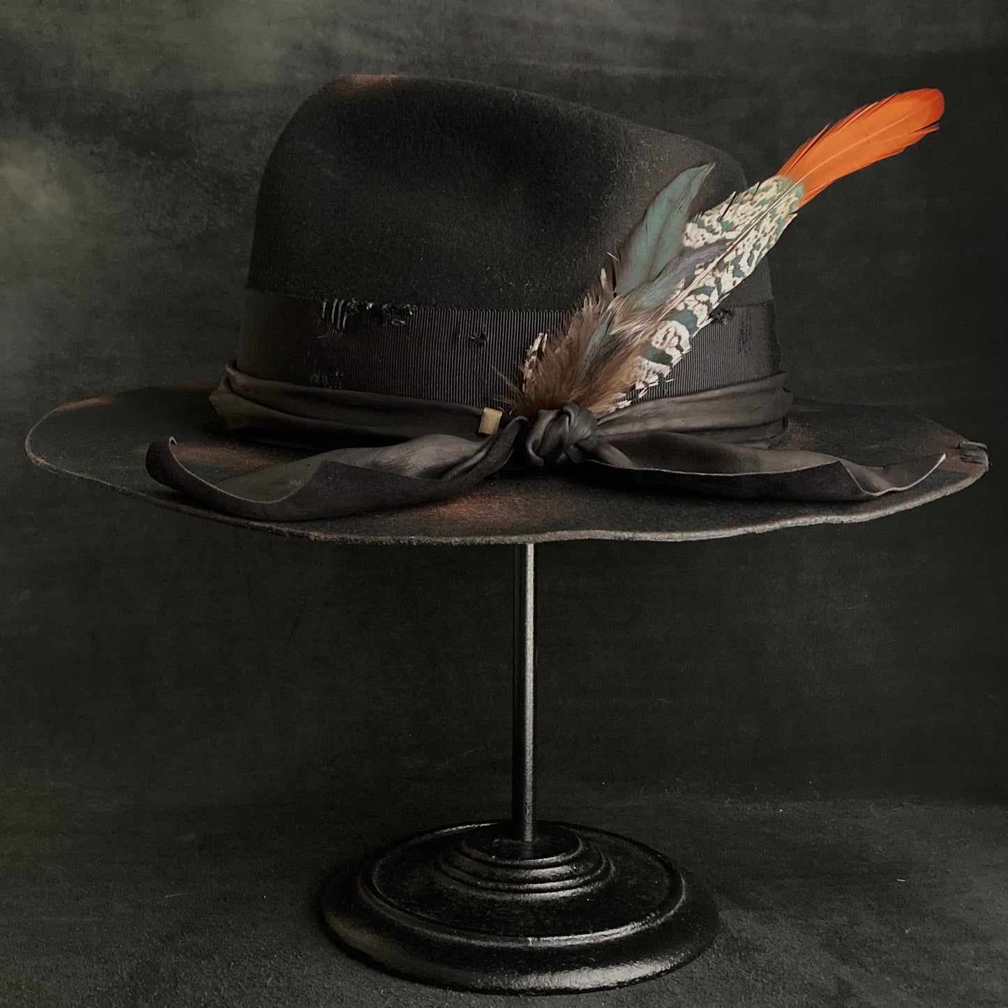 Burned black hand feel fedora hat