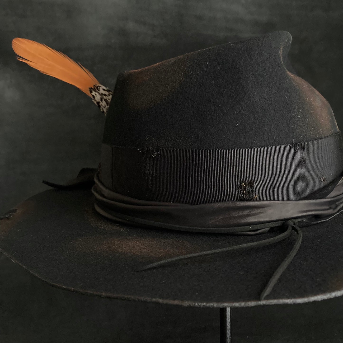 Burned black hand feel fedora hat