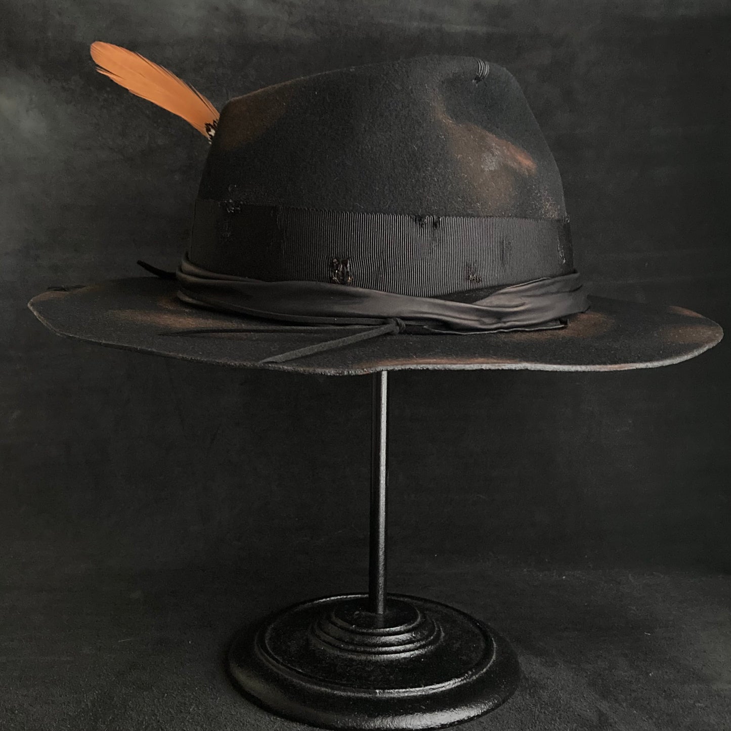 Burned black hand feel fedora hat