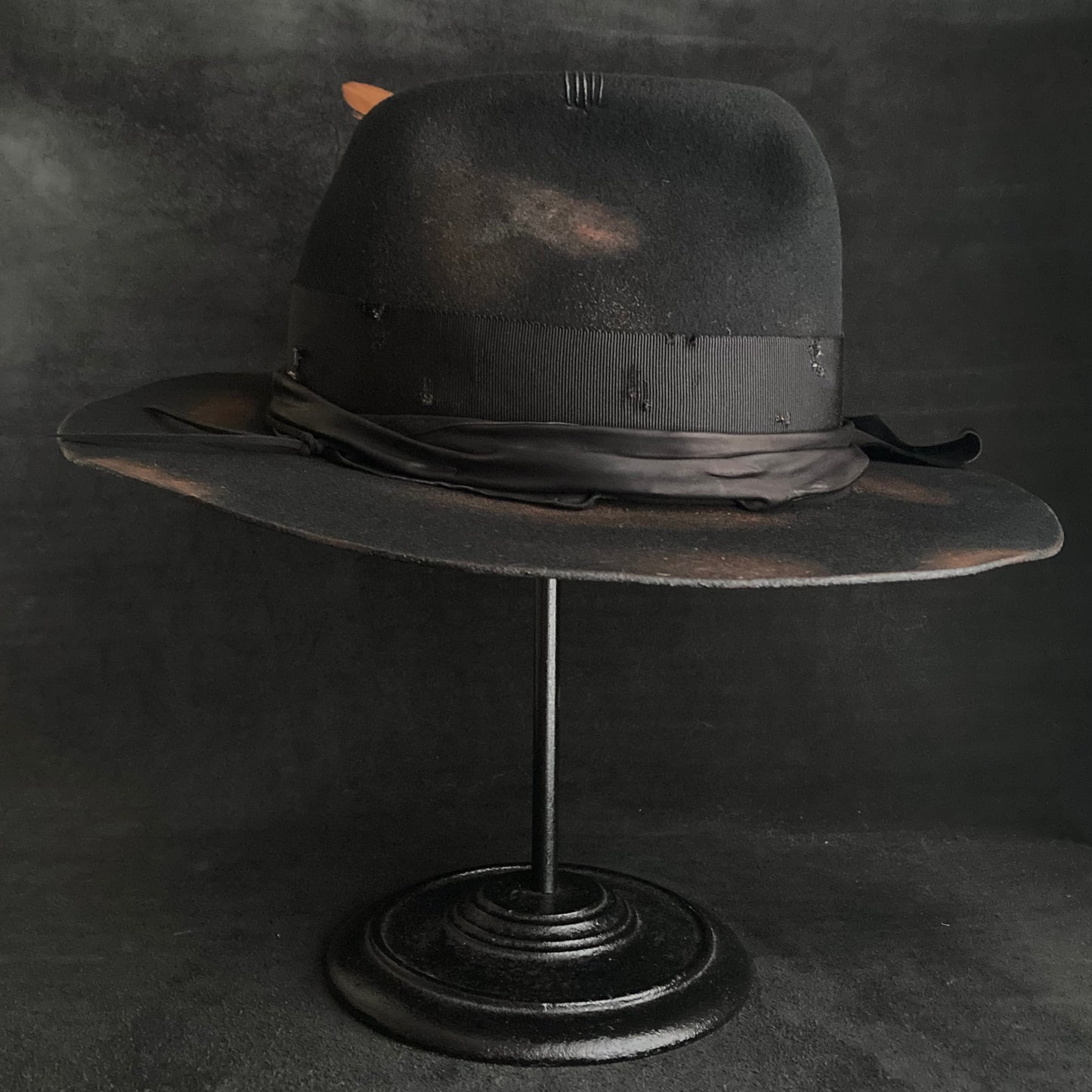 Burned black hand feel fedora hat