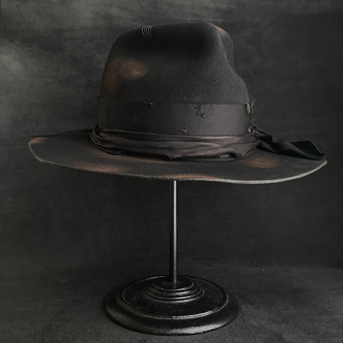 Burned black hand feel fedora hat