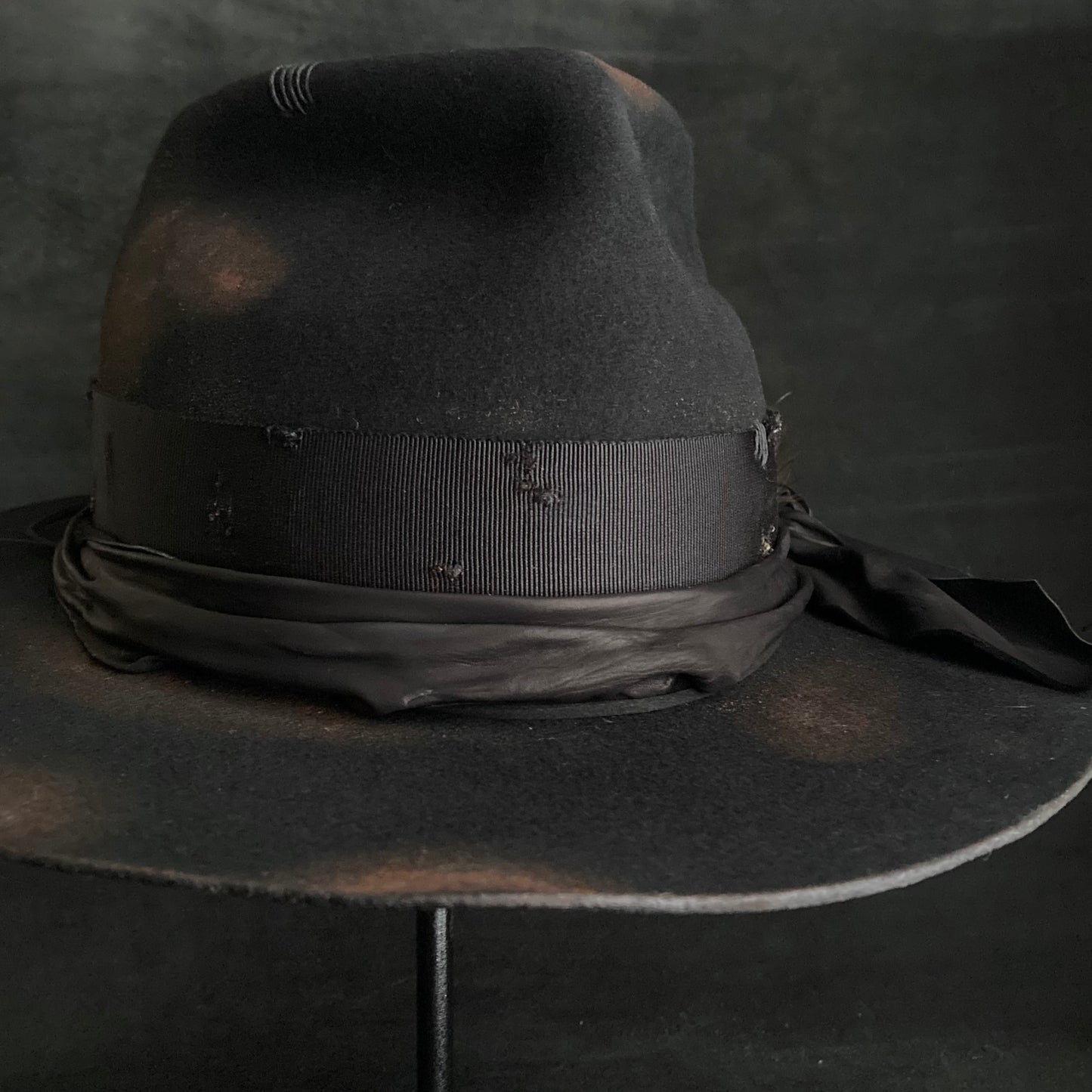 Burned black hand feel fedora hat