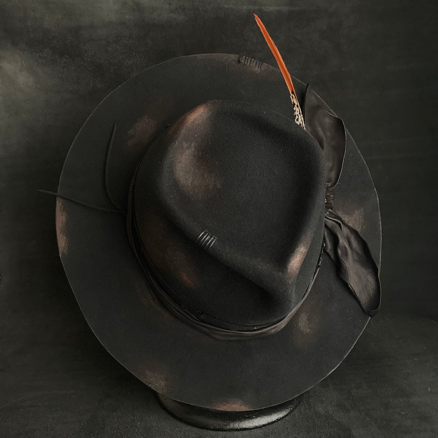 Burned black hand feel fedora hat