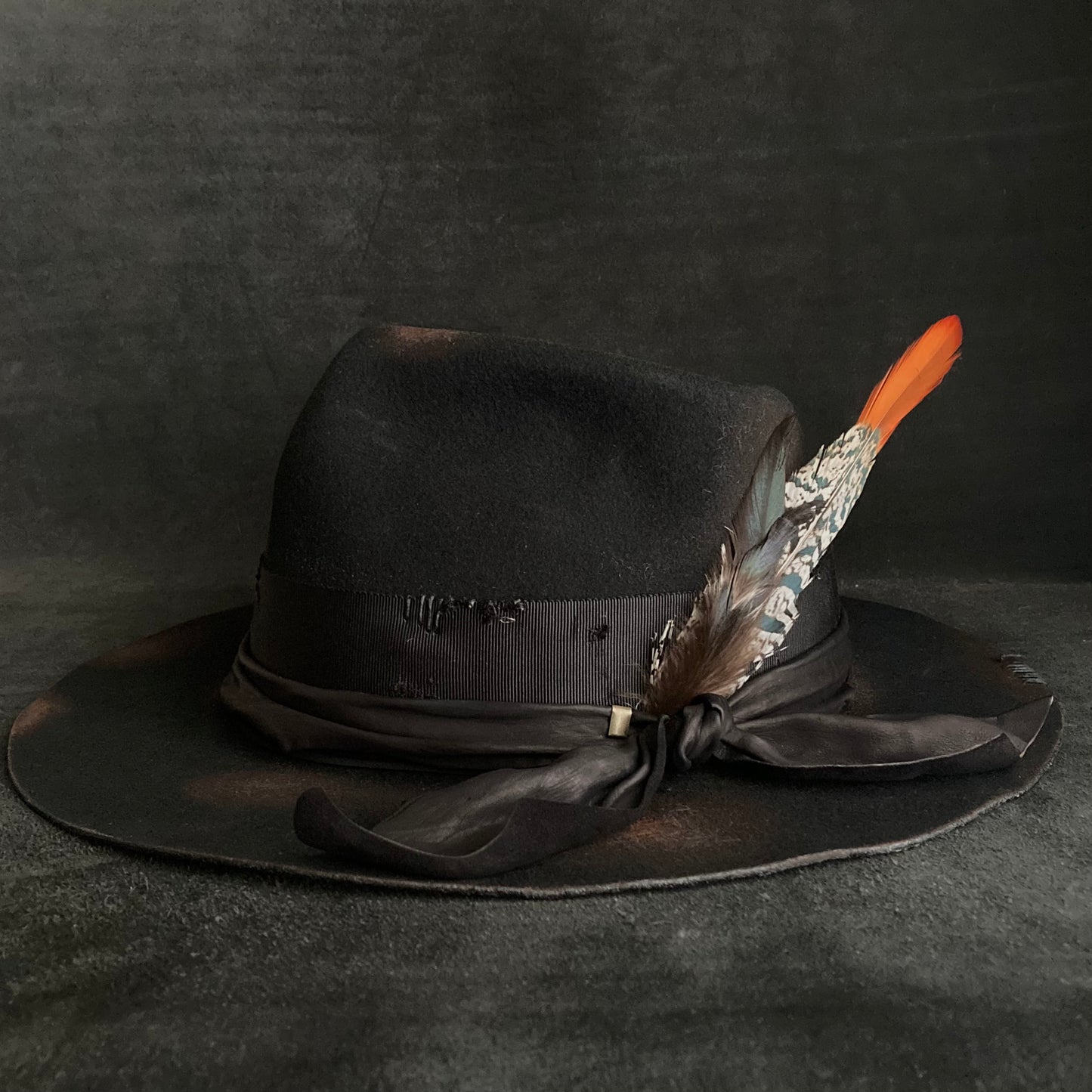 Burned black hand feel fedora hat