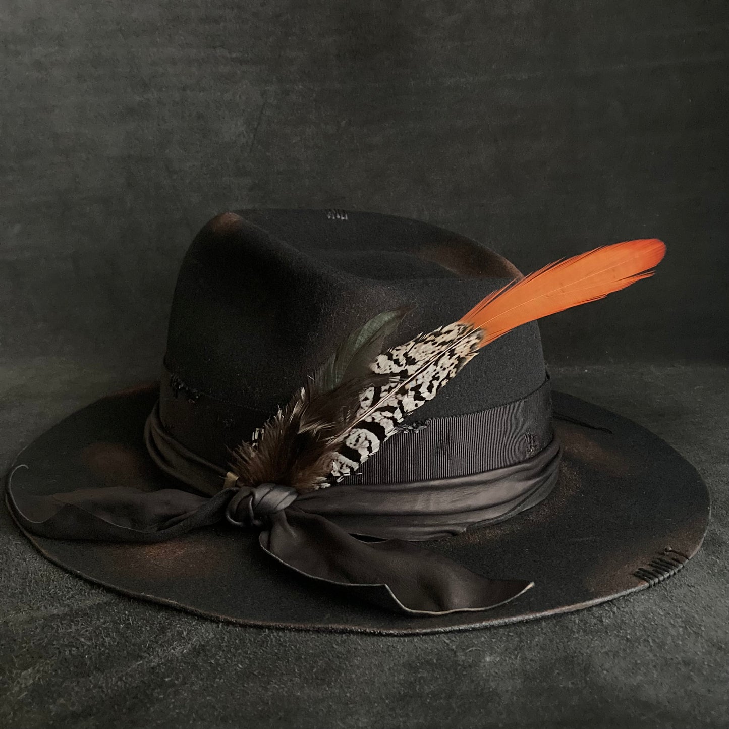 Burned black hand feel fedora hat