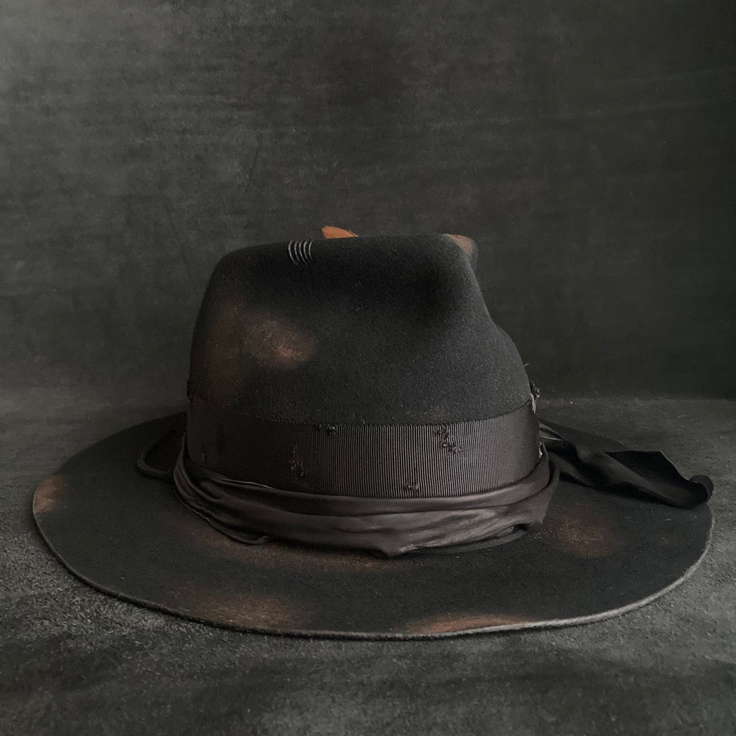 Burned black hand feel fedora hat