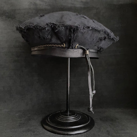 Back side black linen leather strap chain beret