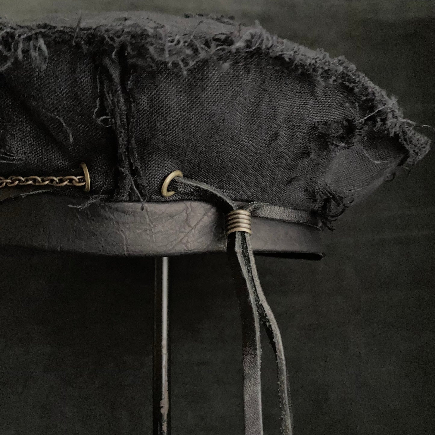 Back side black linen leather strap chain beret