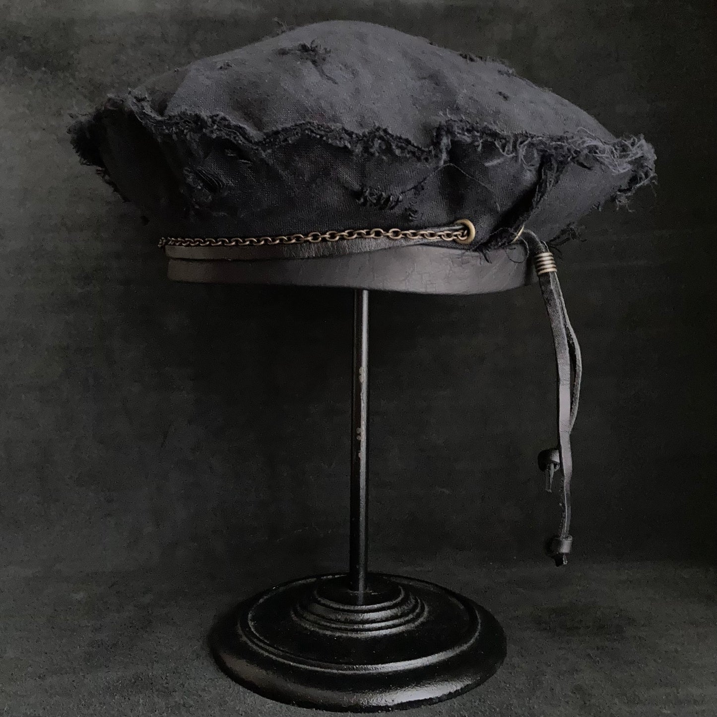 Back side black linen leather strap chain beret