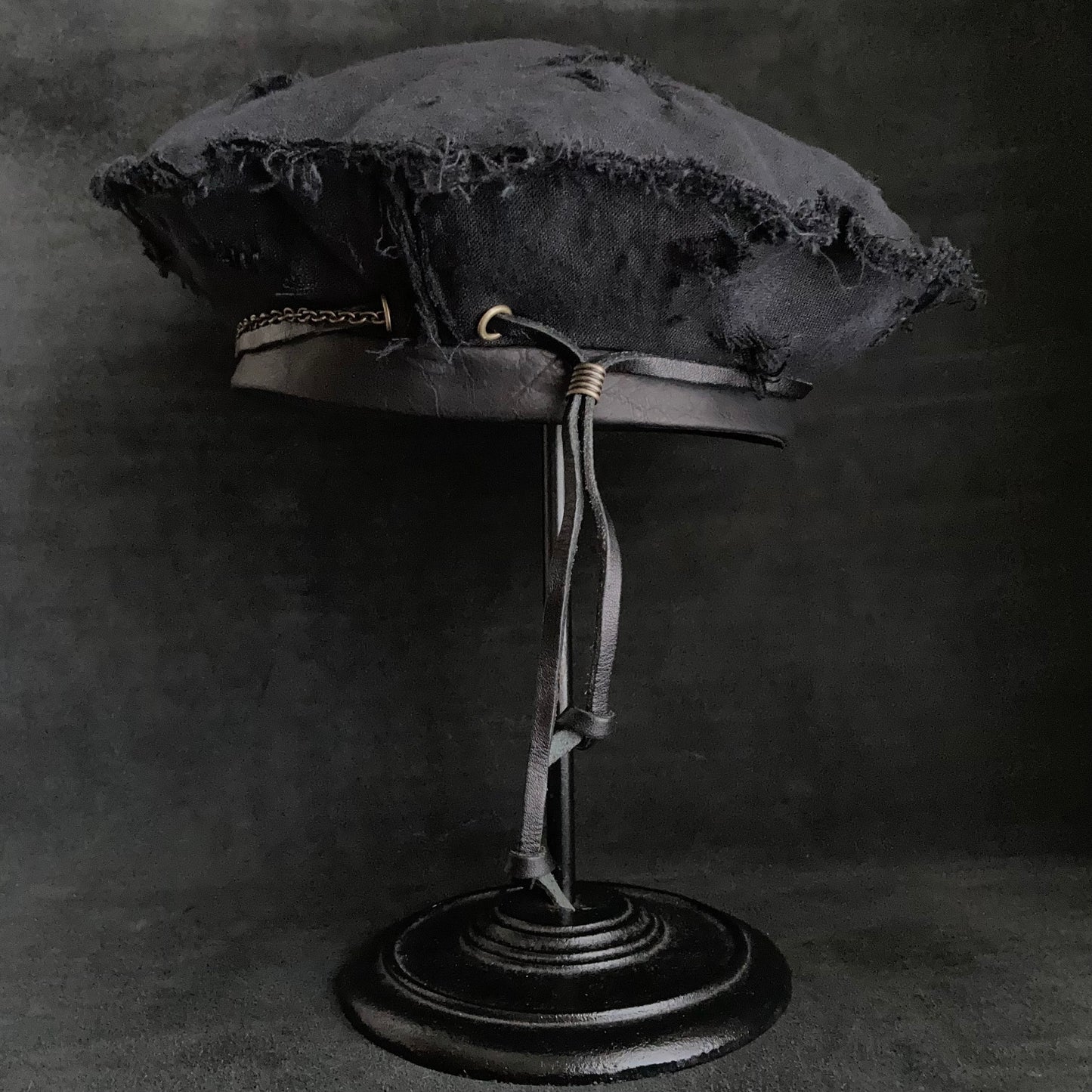 Back side black linen leather strap chain beret