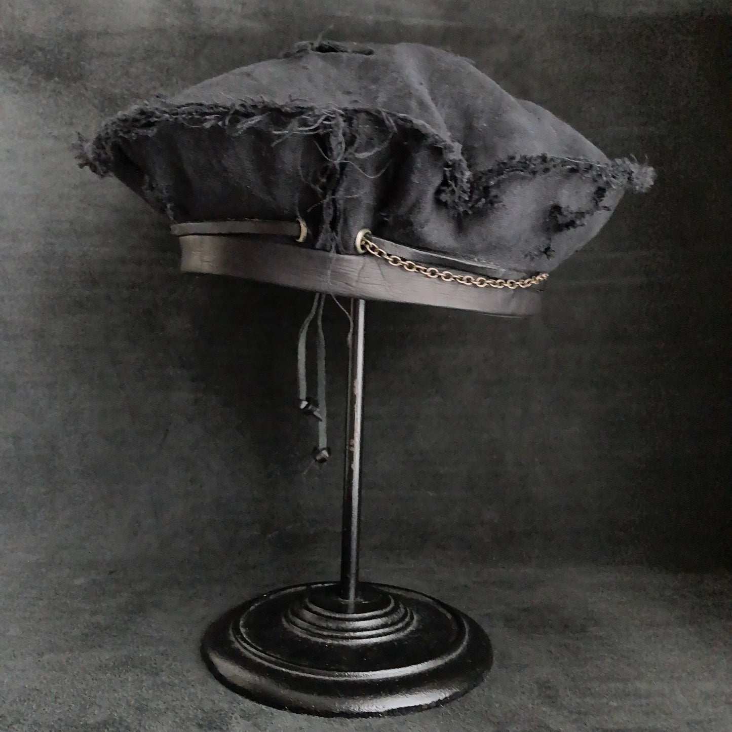 Back side black linen leather strap chain beret