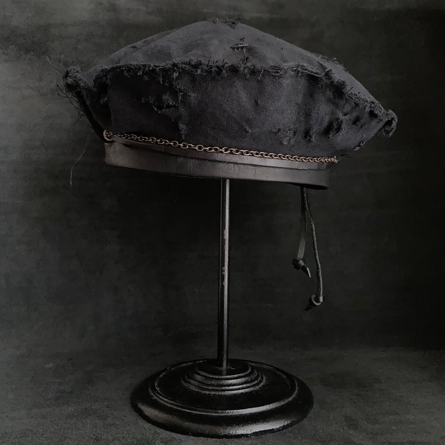 Back side black linen leather strap chain beret