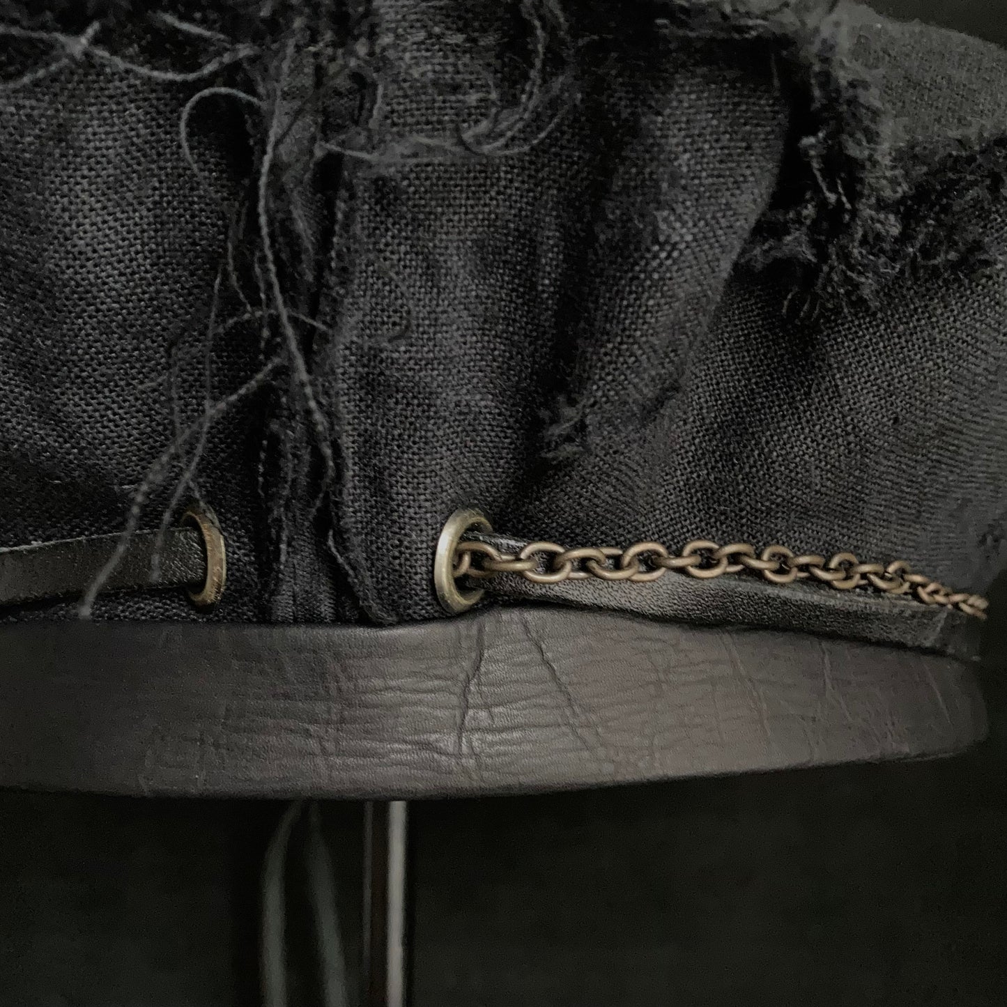 Back side black linen leather strap chain beret