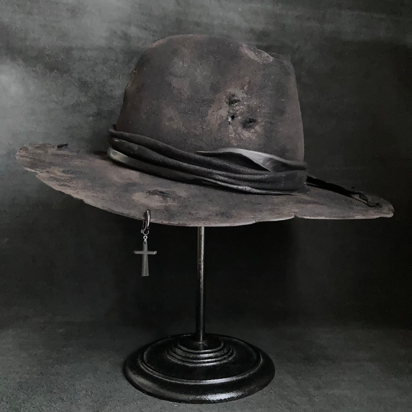 Burned black rabbit  fedora hat with cross