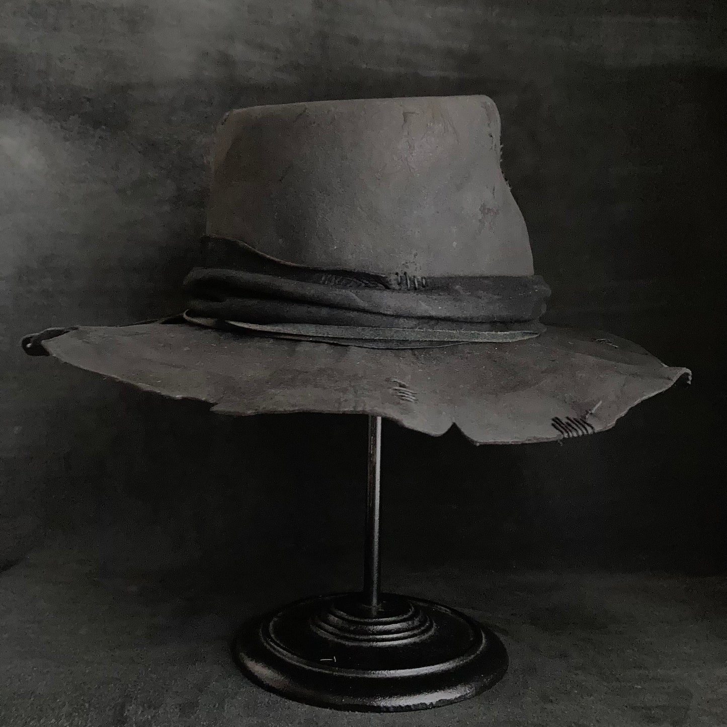 Charcoal wax stitch broken fedora hat