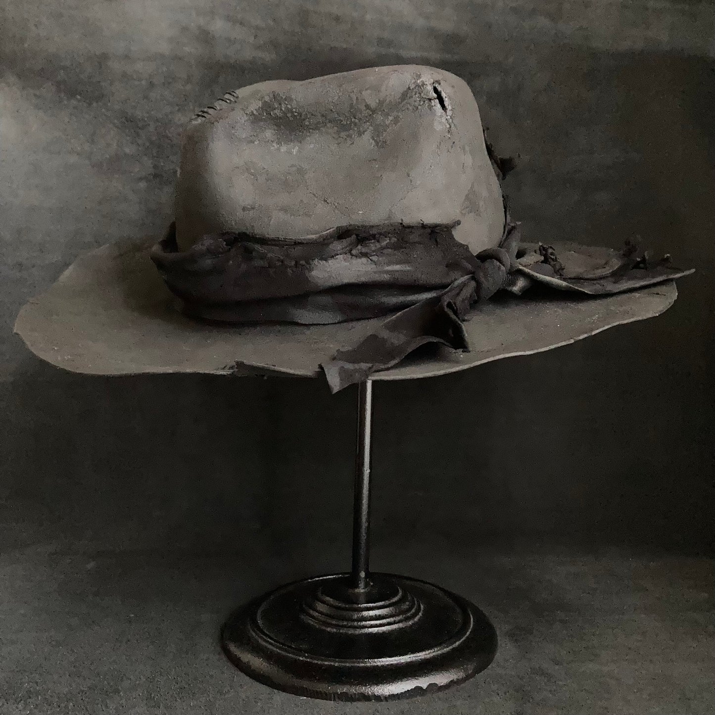 Charcoal tattered leather wide brim fedora hat