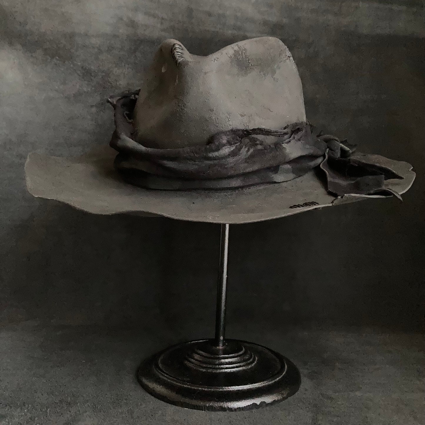 Charcoal tattered leather wide brim fedora hat