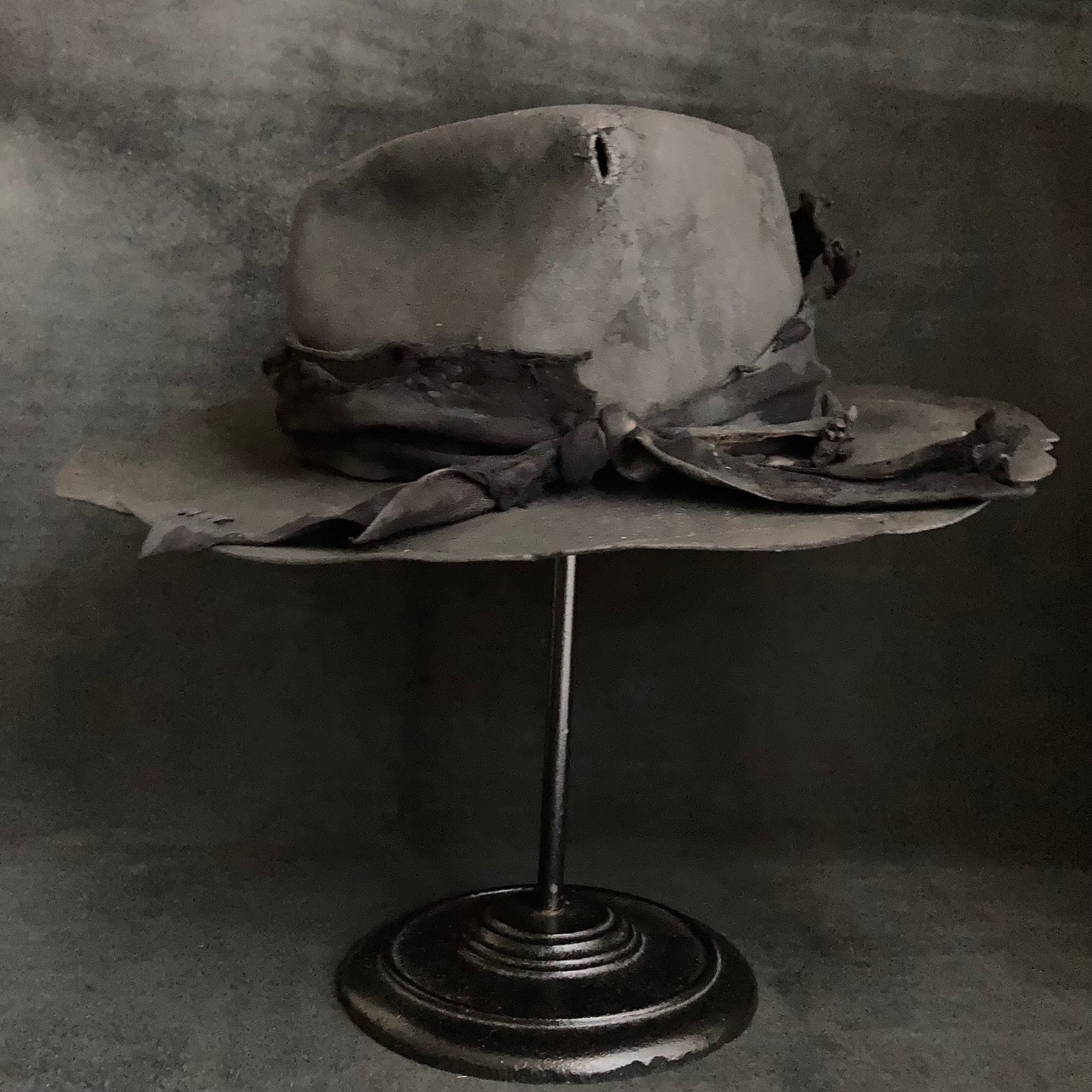 Charcoal tattered leather wide brim fedora hat