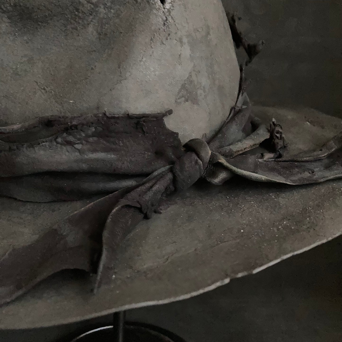 Charcoal tattered leather wide brim fedora hat