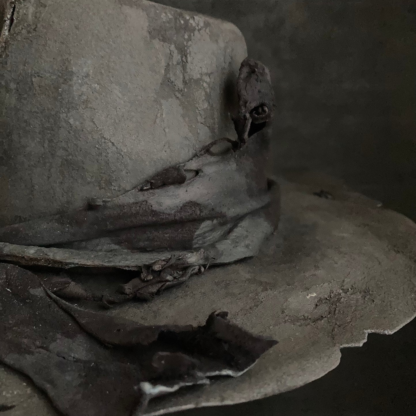 Charcoal tattered leather wide brim fedora hat